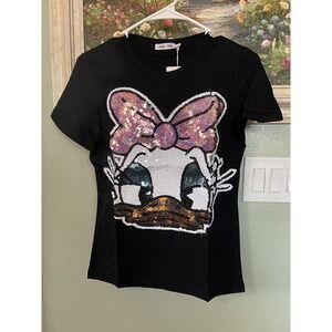 Daisy Juniors Women Black  Sequin T-Shirt Size M  ~ New